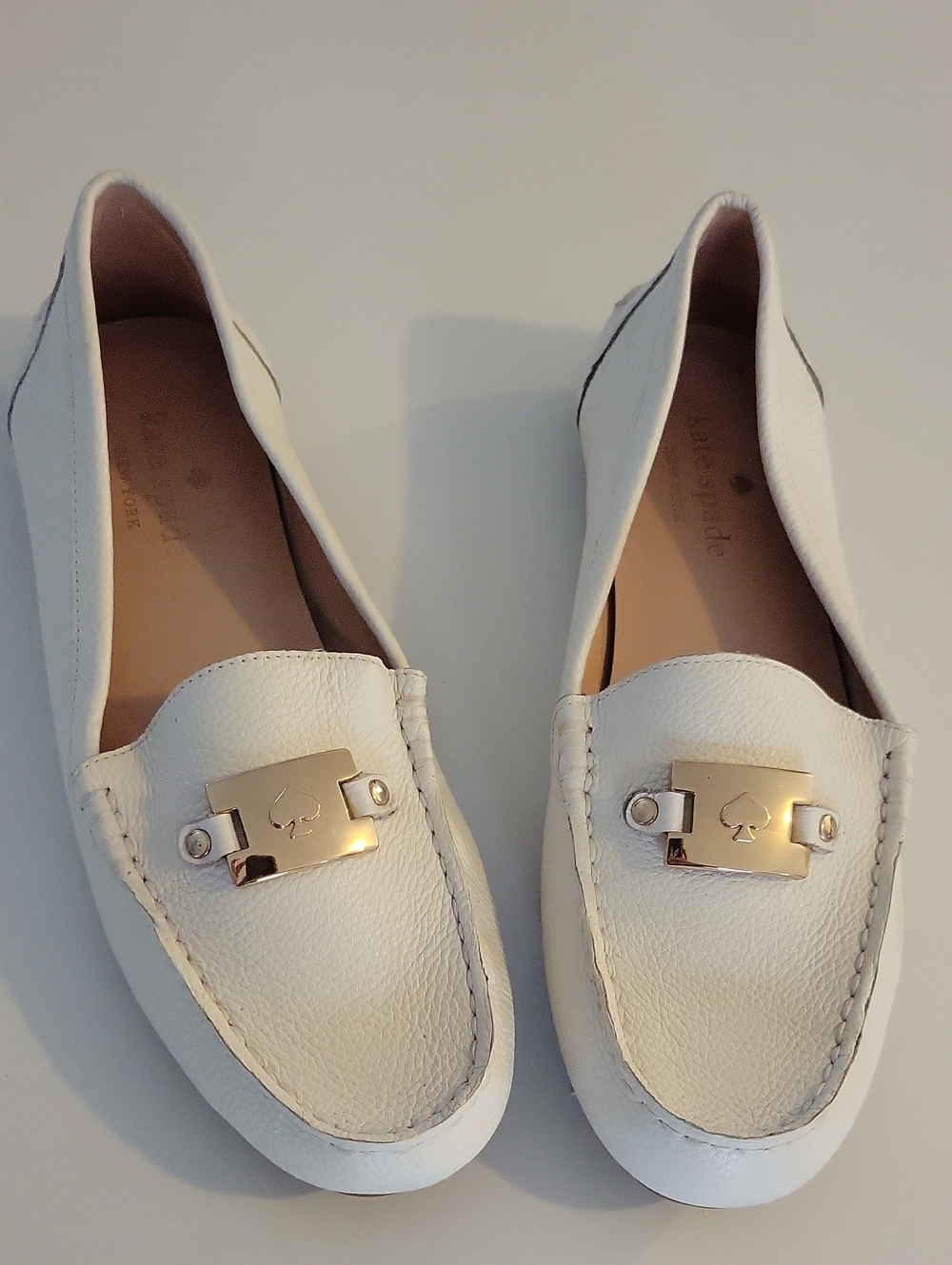 kate Spade White Leather Bernice Loafers with Gold-Tone Plaque